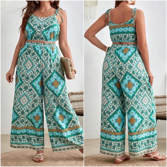 Boho Mint Patchwork Print Crop Top Palazzo Pants Set - Picture 2 of 2